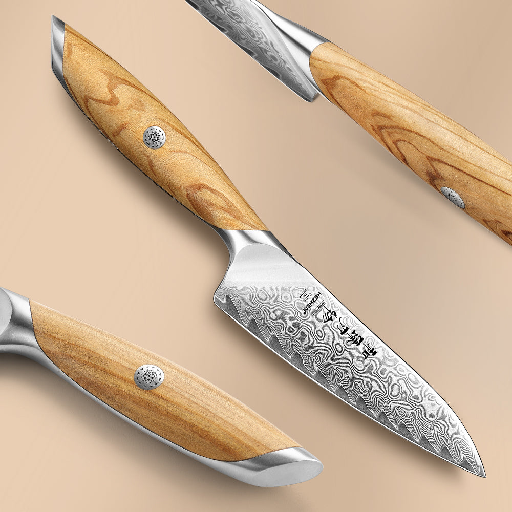 HEZHEN 3-piece Kitchen Knife Set(Chef Knife+Santoku Knife+Kitchen Utility Knife), 73 Layers Damascus Powder Steel, Olive Wood Handle, Gift Ready-Flagship Series