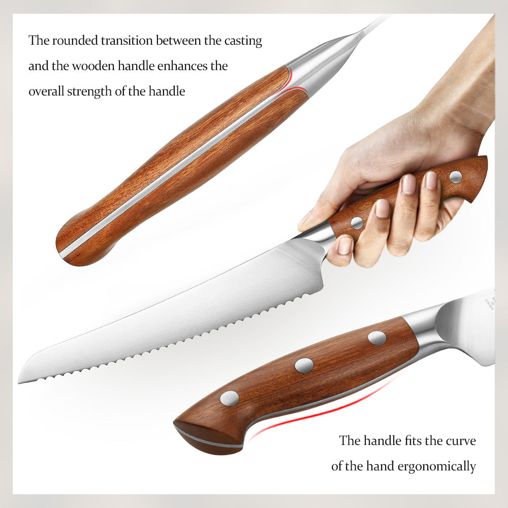 HEZHEN 8.5 Inches Bread Knife, German Steel, Red Wood Handle-Supreme Stainless Series