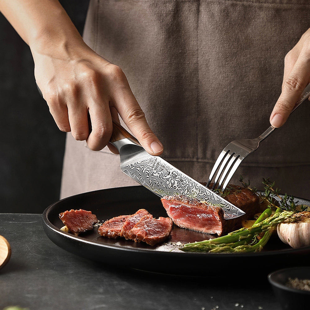 HEZHEN 4-piece Steak Knife Set, 73 Layers Damascus Powder Steel, Olive Wood Handle, Gift Ready-Flagship Series