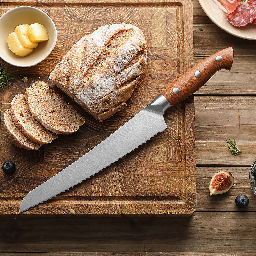 HEZHEN 8.5 Inches Bread Knife, German Steel, Red Wood Handle-Supreme Stainless Series