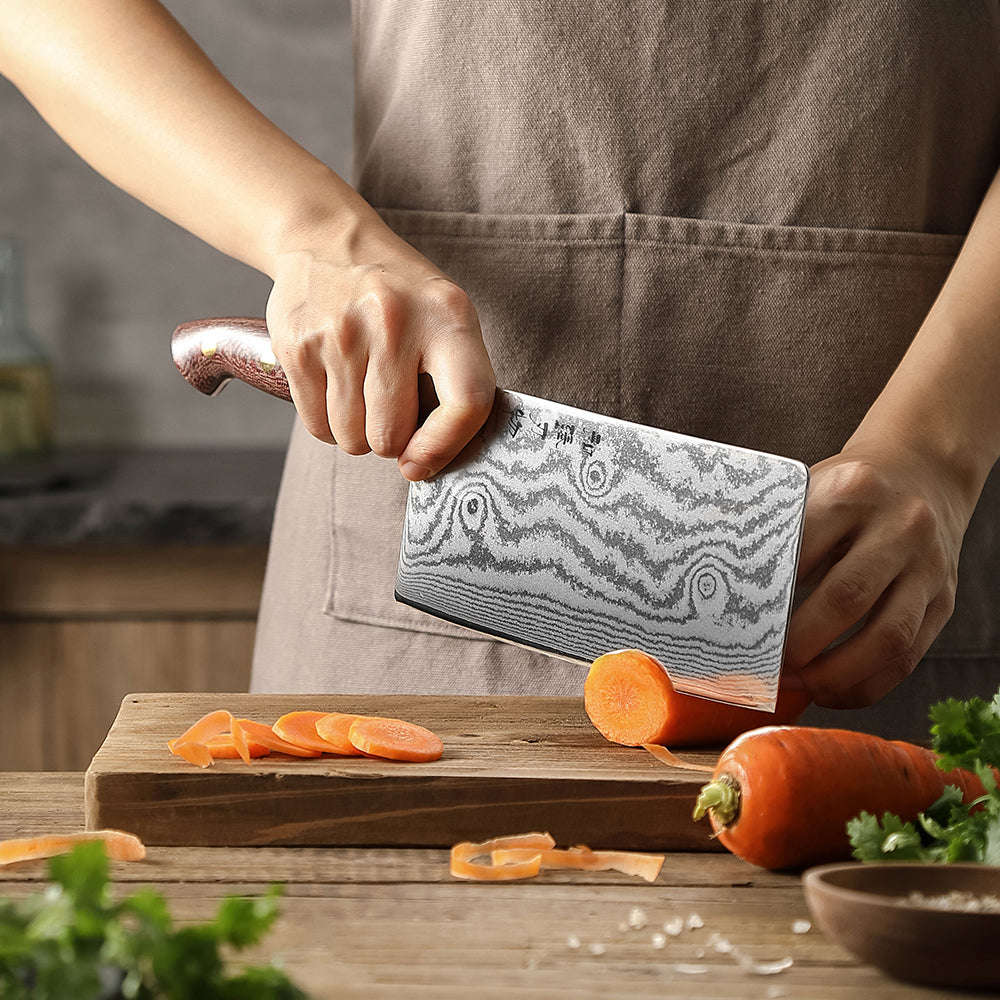 HEZHEN 7 Inches Damascus Meat Cleaver, Chinese Chef Knife for Meat and Vegetable Cutting, Micarta Handle