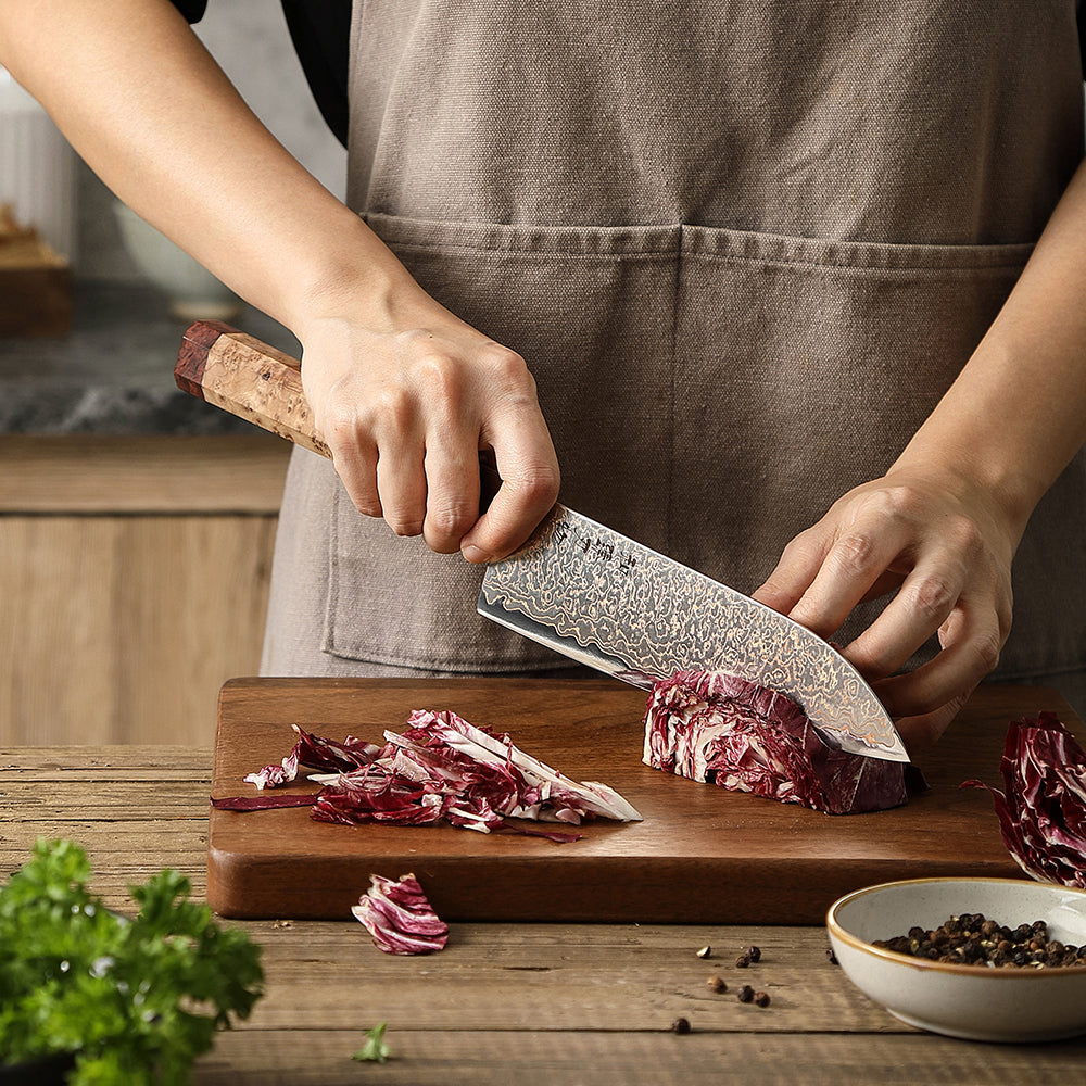 HEZHEN 5 Piece Copper Damascus Steel Chef Knife Set, 37 Tricolor Copper Damascus Steel Kitchen Knife Set with Figured Sycamore Wood + Padauk Burl Wood