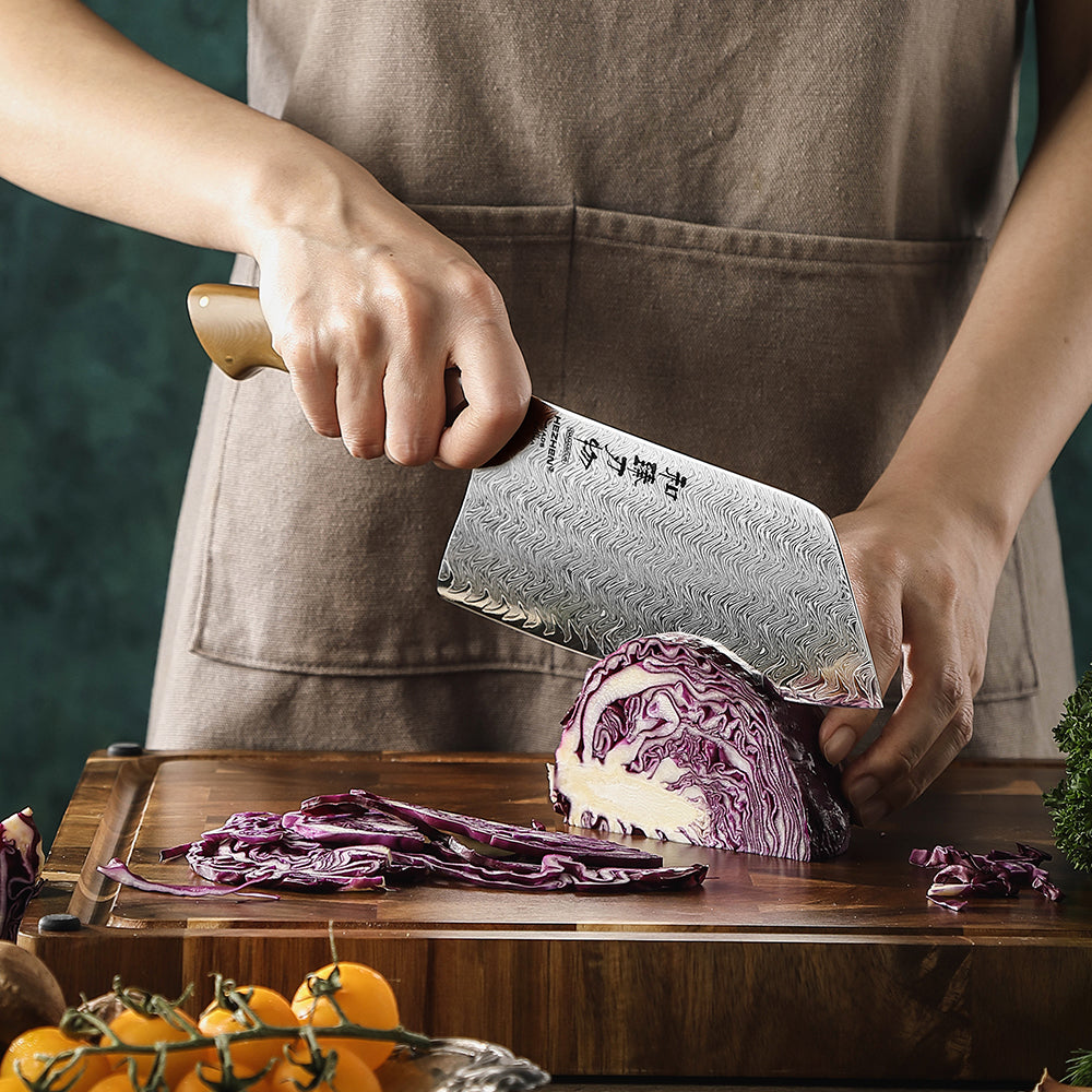HEZHEN 7.2 Inches Chinese Meat Cleaver Knife, 67 Layers Damascus Steel with Linen Micarta Handle, Gift Box Package- B38L Series
