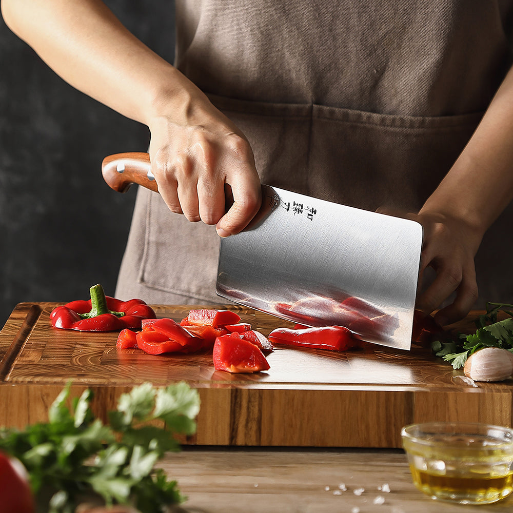 HEZHEN 7 Inches Meat Cleaver Knife, Chinese Chef Knife, German Steel, Red Wood Handle-Supreme Stainless Series