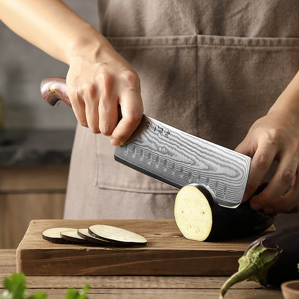 HEZHEN 7.4 Inches Damascus Nakiri Knife, Small Cleaver Knife for Meat and Vegetable Cutting, Micarta Handle
