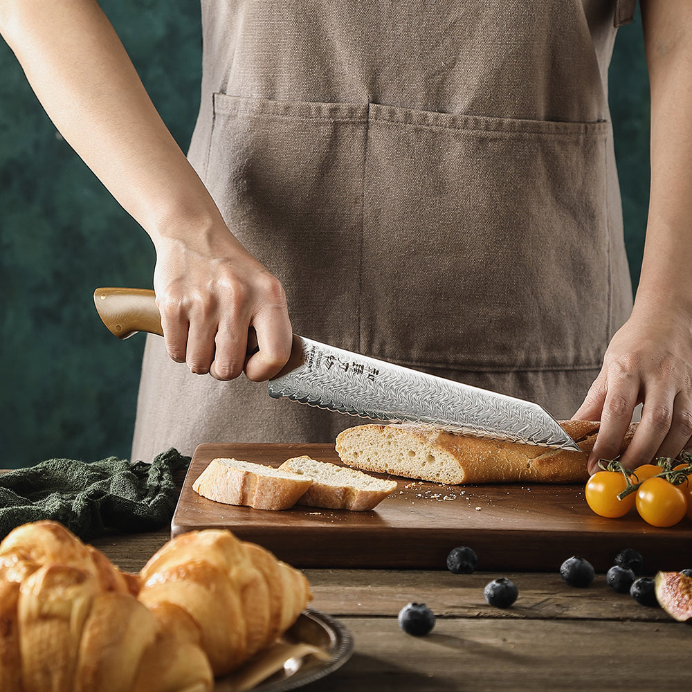 HEZHEN 8.4 Inches Bread Knife, 67 Layers Damascus Steel with Linen Micarta Handle, Gift Box Package- B38L Series