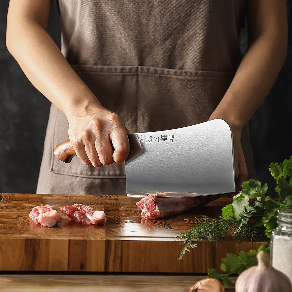 HEZHEN 7 Inches Bone Cleaver Knife, Chinese Chopping Knife, Heavy-Duty, Red Wood Handle-Supreme Stainless Series