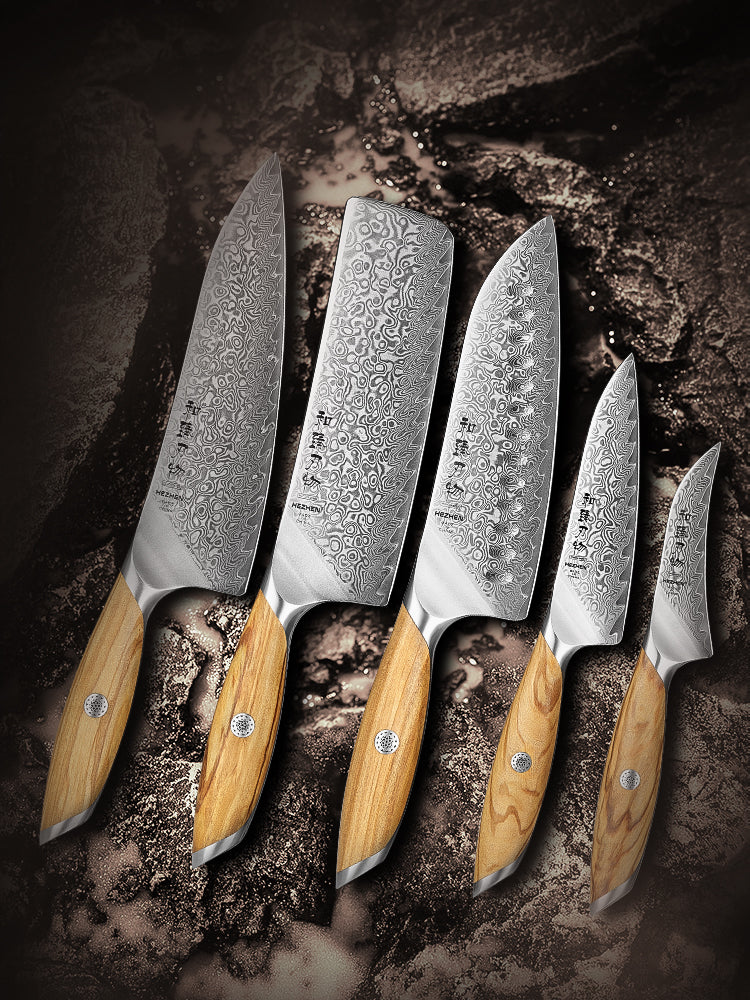 HEZHEN 5-piece Kitchen Knife Set, 73 Layers Damascus Powder Steel, Olive Wood Handle, Gift Ready-Flagship Series