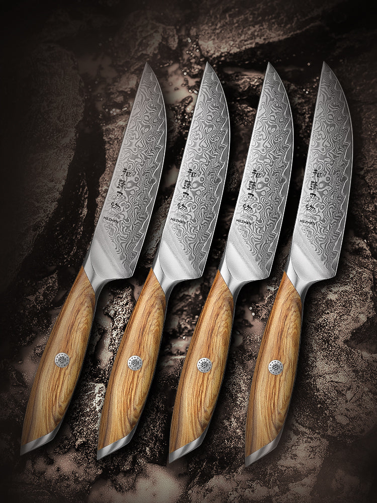 HEZHEN 4-piece Steak Knife Set, 73 Layers Damascus Powder Steel, Olive Wood Handle, Gift Ready-Flagship Series