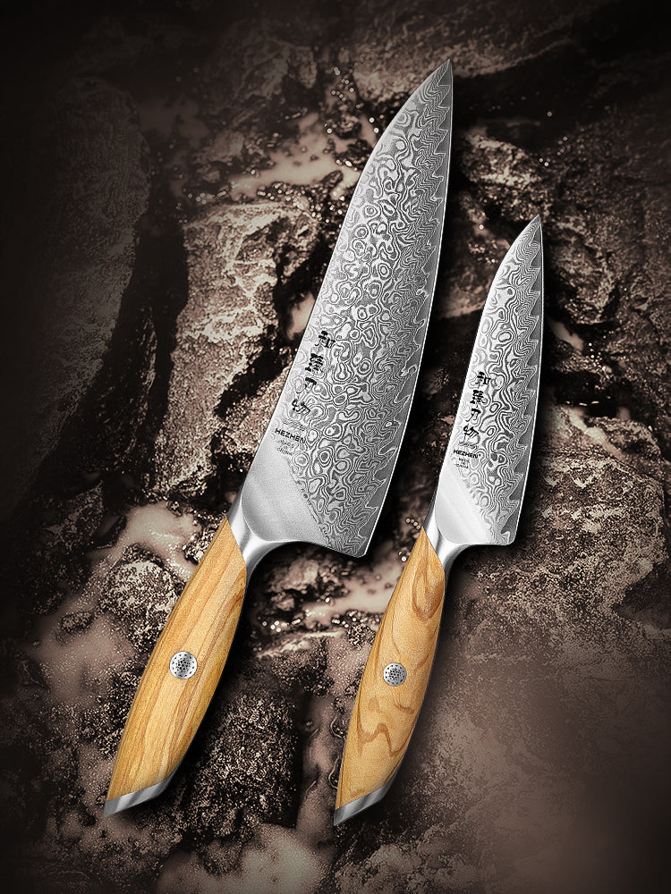 HEZHEN 2-piece Kitchen Knife Set(Chef Knife+Kitchen Utility Knife), 73 Layers Damascus Powder Steel, Olive Wood Handle, Gift Ready-Flagship Series