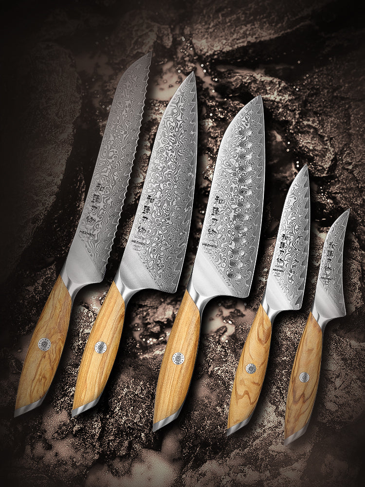 HEZHEN 5-piece Chef Knife Set, 73 Layers Damascus Powder Steel, Olive Wood Handle, Gift Ready-Flagship Series