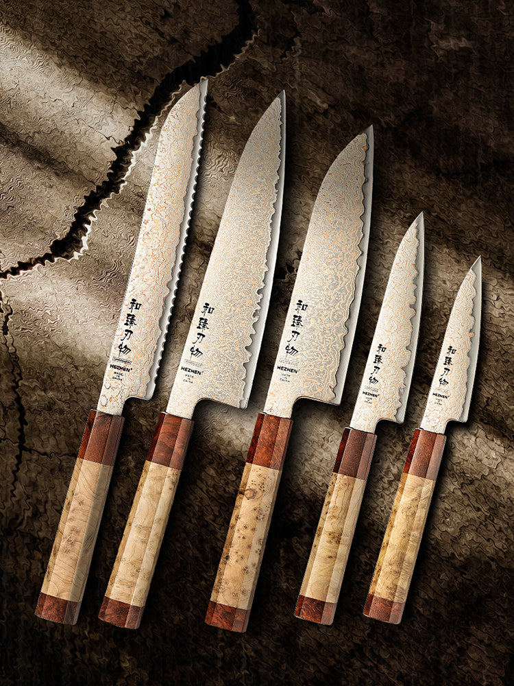 HEZHEN 5 Piece Copper Damascus Steel Chef Knife Set, 37 Tricolor Copper Damascus Steel Kitchen Knife Set with Figured Sycamore Wood + Padauk Burl Wood