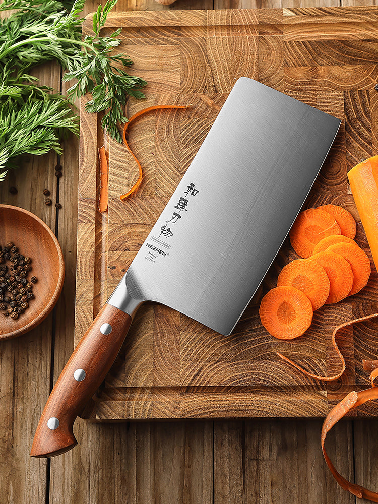 HEZHEN 7 Inches Meat Cleaver Knife, Chinese Chef Knife, German Steel, Red Wood Handle-Supreme Stainless Series