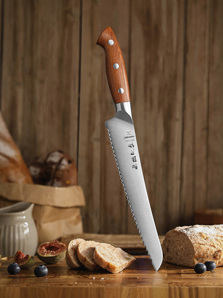 HEZHEN 8.5 Inches Bread Knife, German Steel, Red Wood Handle-Supreme Stainless Series