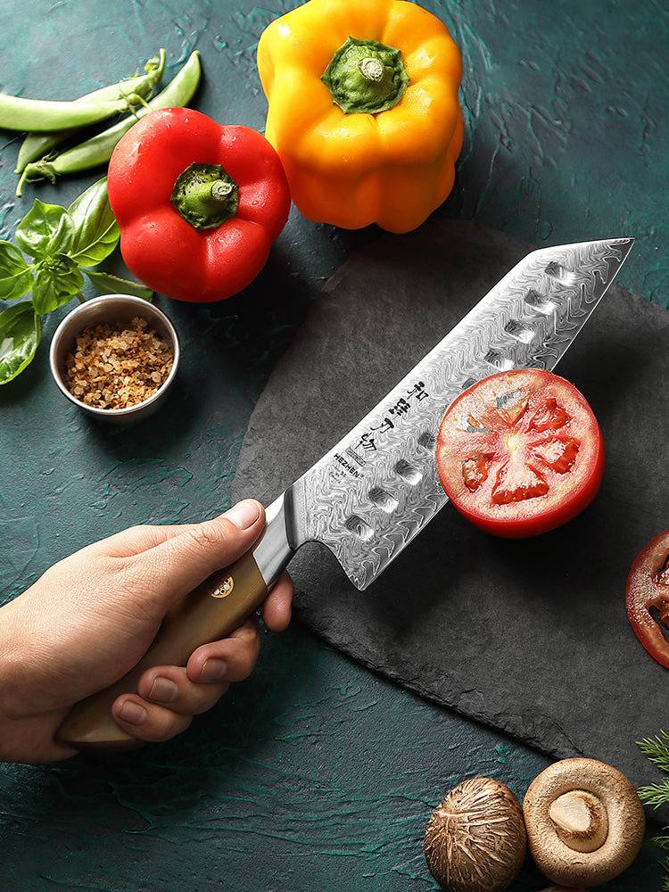 HEZHEN 7.4 Inches Santoku Knife, 67 Layers Damascus Steel with Linen Micarta Handle, Gift Box Package- B38L Series