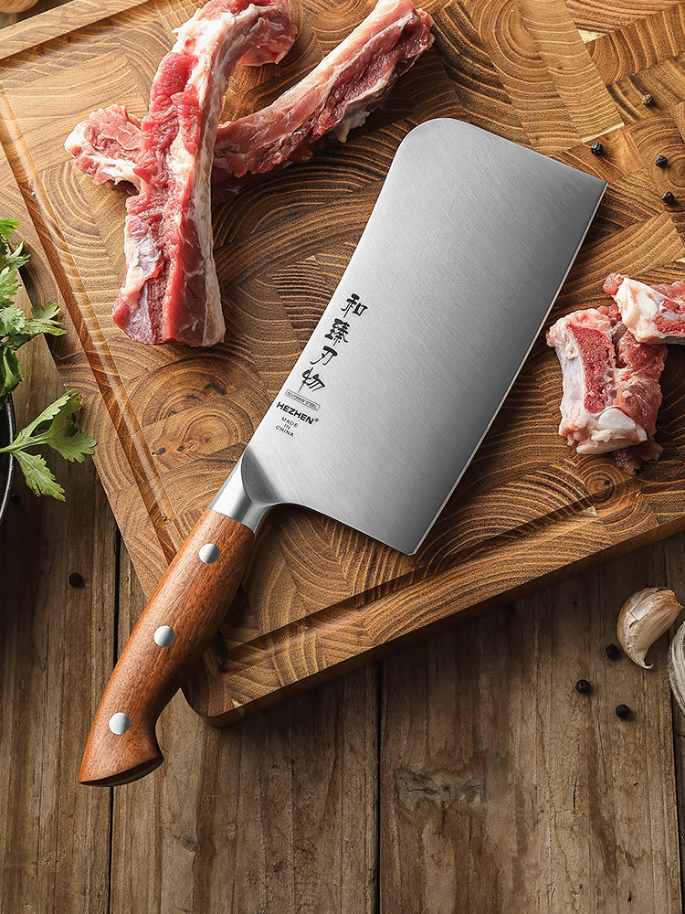 HEZHEN 7 Inches Bone Cleaver Knife, Chinese Chopping Knife, Heavy-Duty, Red Wood Handle-Supreme Stainless Series