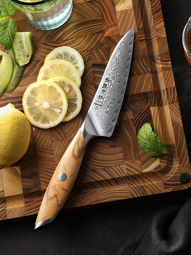 HEZHEN 5 Inches Kitchen Utility Knife, 73 Layers Damascus Powder Steel, Olive Wood Handle, Gift Ready-Flagship Series