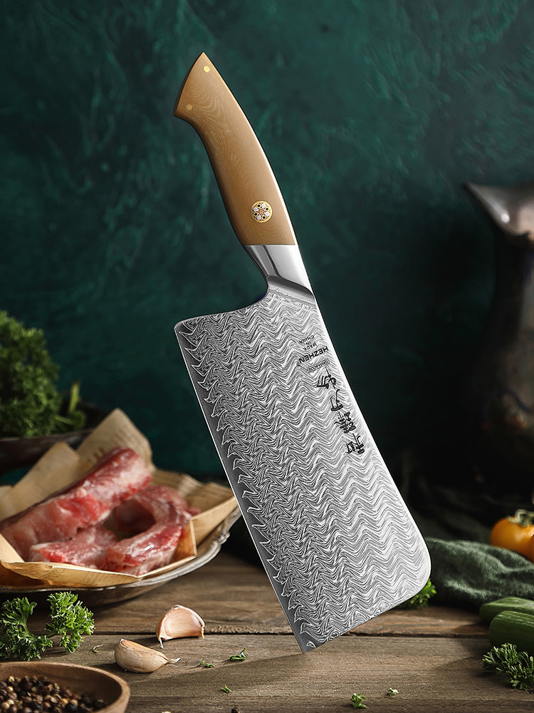 HEZHEN 7 Inches Chinese Bone Choping Knife, 67 Layers Damascus Steel with Linen Micarta Handle, Gift Box Package- B38L Series
