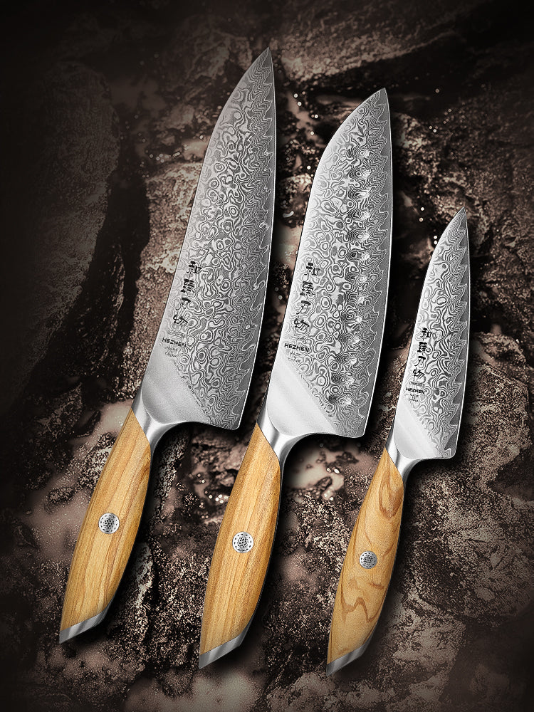 HEZHEN 3-piece Kitchen Knife Set(Chef Knife+Santoku Knife+Kitchen Utility Knife), 73 Layers Damascus Powder Steel, Olive Wood Handle, Gift Ready-Flagship Series