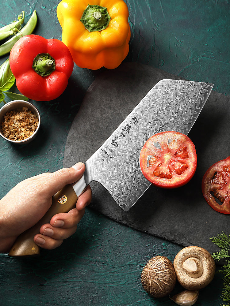 HEZHEN 7.2 Inches Chinese Meat Cleaver Knife, 67 Layers Damascus Steel with Linen Micarta Handle, Gift Box Package- B38L Series