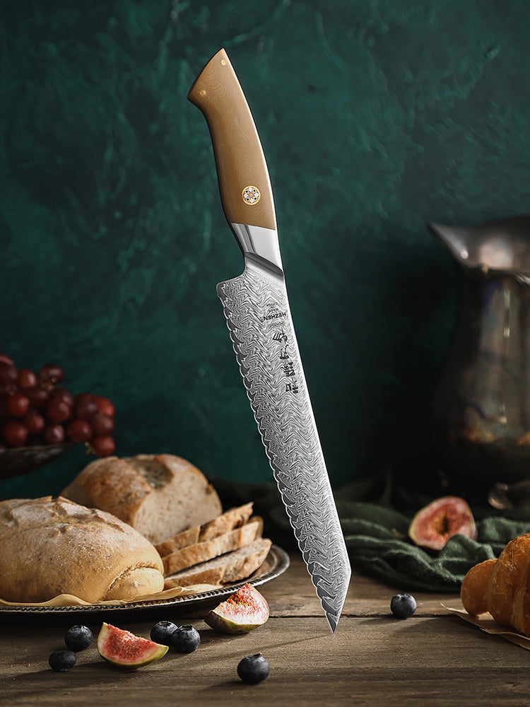 HEZHEN 8.4 Inches Bread Knife, 67 Layers Damascus Steel with Linen Micarta Handle, Gift Box Package- B38L Series
