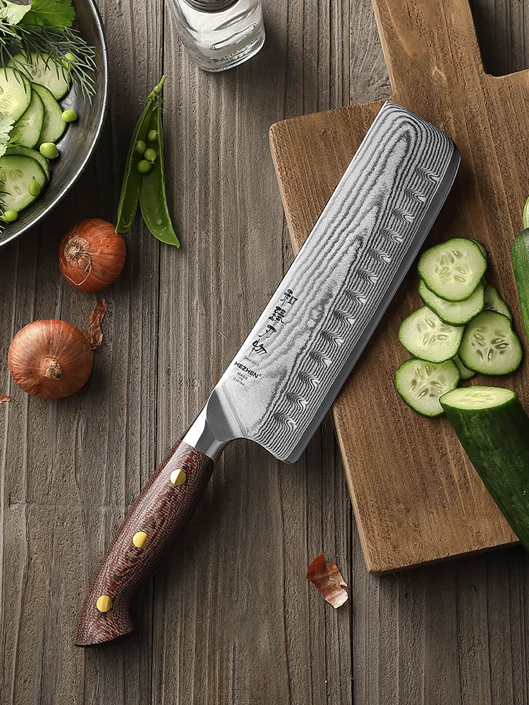HEZHEN 7.4 Inches Damascus Nakiri Knife, Small Cleaver Knife for Meat and Vegetable Cutting, Micarta Handle