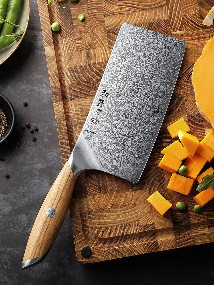 HEZHEN 7 Inches Meat Cleaver Knife, 73 Layers Damascus Powder Steel, Olive Wood Handle, Gift Ready-Flagship Series