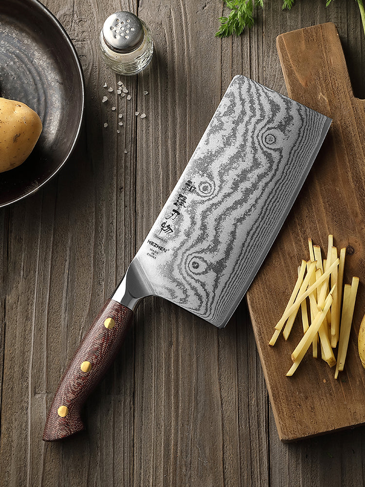 HEZHEN 7 Inches Damascus Meat Cleaver, Chinese Chef Knife for Meat and Vegetable Cutting, Micarta Handle