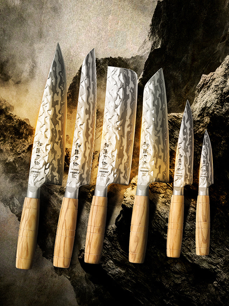 HEZHEN 6-Piece Damascus Knife Set,Forged 12Cr18MoV Core Damascus Steel,Mountain And River Pattern