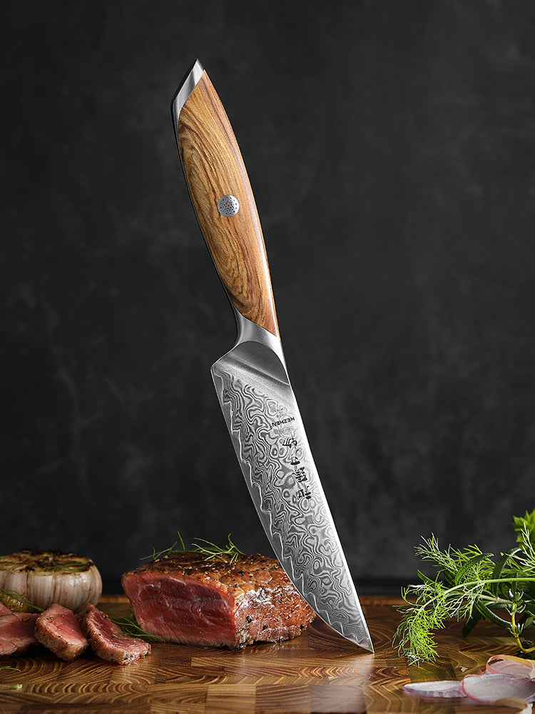 HEZHEN Premium 73-Layer Damascus Steel Steak Knife,ith Ergonomic Olive Wood Handle – Razor-Sharp 15° Edge