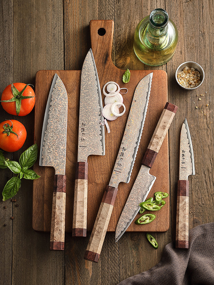 HEZHEN 5 Piece Copper Damascus Steel Chef Knife Set, 37 Tricolor Copper Damascus Steel Kitchen Knife Set with Figured Sycamore Wood + Padauk Burl Wood