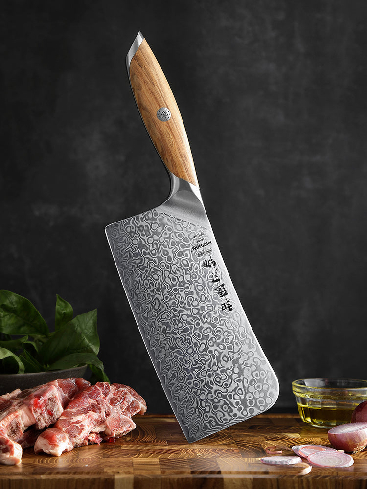 HEZHEN 7 Inches Bone Cleaver Knife, 73 Layers Damascus Powder Steel, Olive Wood Handle, Gift Ready-Flagship Series
