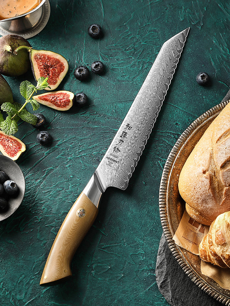 HEZHEN 8.4 Inches Bread Knife, 67 Layers Damascus Steel with Linen Micarta Handle, Gift Box Package- B38L Series