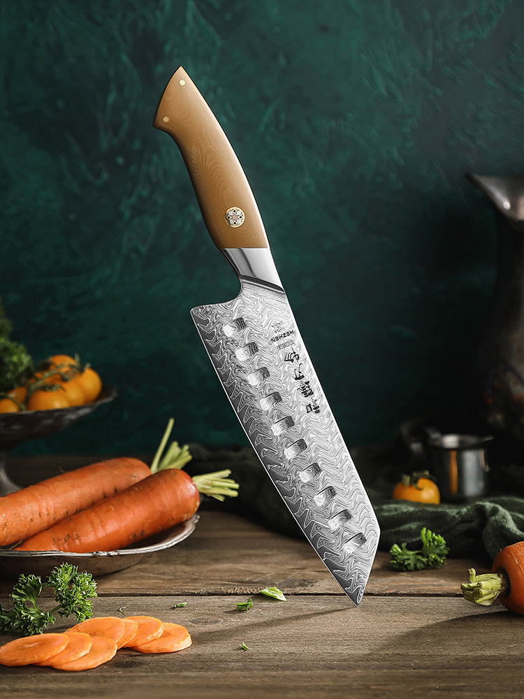 HEZHEN 7.4 Inches Santoku Knife, 67 Layers Damascus Steel with Linen Micarta Handle, Gift Box Package- B38L Series