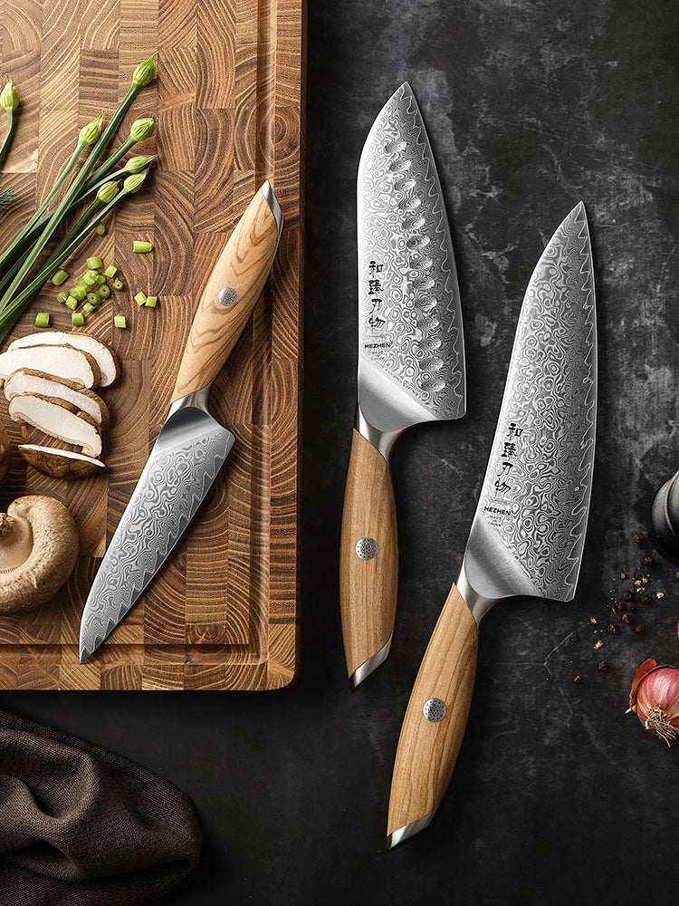 HEZHEN 3-piece Kitchen Knife Set(Chef Knife+Santoku Knife+Kitchen Utility Knife), 73 Layers Damascus Powder Steel, Olive Wood Handle, Gift Ready-Flagship Series