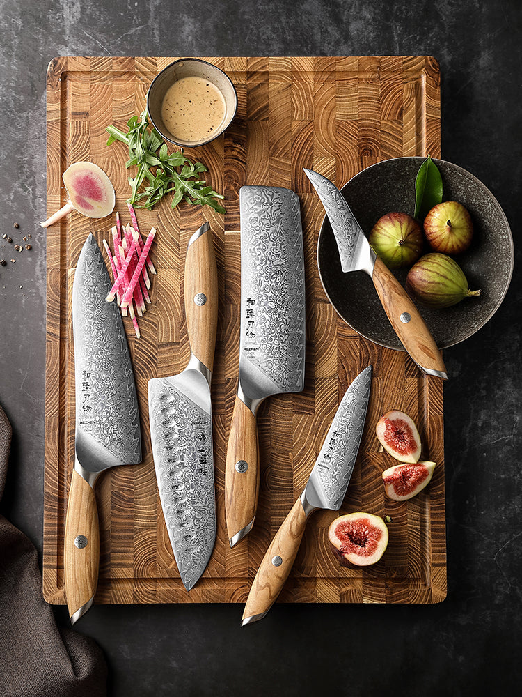 HEZHEN 5-piece Kitchen Knife Set, 73 Layers Damascus Powder Steel, Olive Wood Handle, Gift Ready-Flagship Series