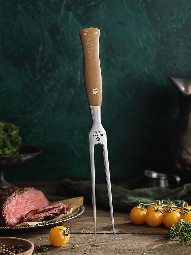 HEZHEN Forged Meat Carving Fork, 430 Stainless Steel Carving Fork with Linen Micarta Ergonomic Handle, Professional Kitchen Roast BBQ Serving Fork for Turkey, Beef, Ham