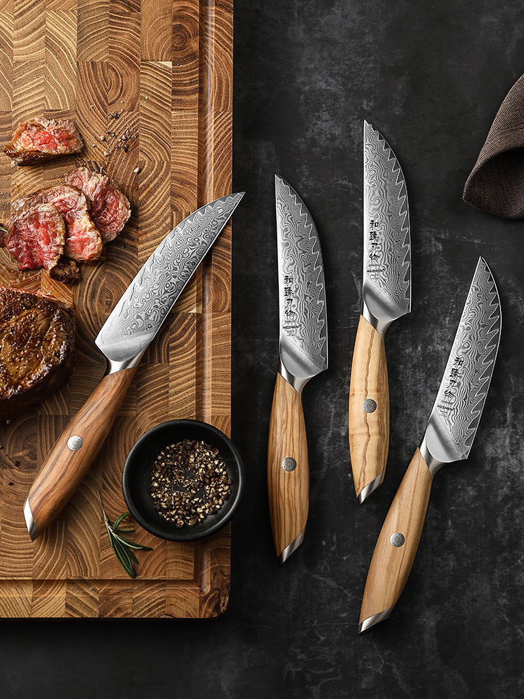 HEZHEN 4-piece Steak Knife Set, 73 Layers Damascus Powder Steel, Olive Wood Handle, Gift Ready-Flagship Series