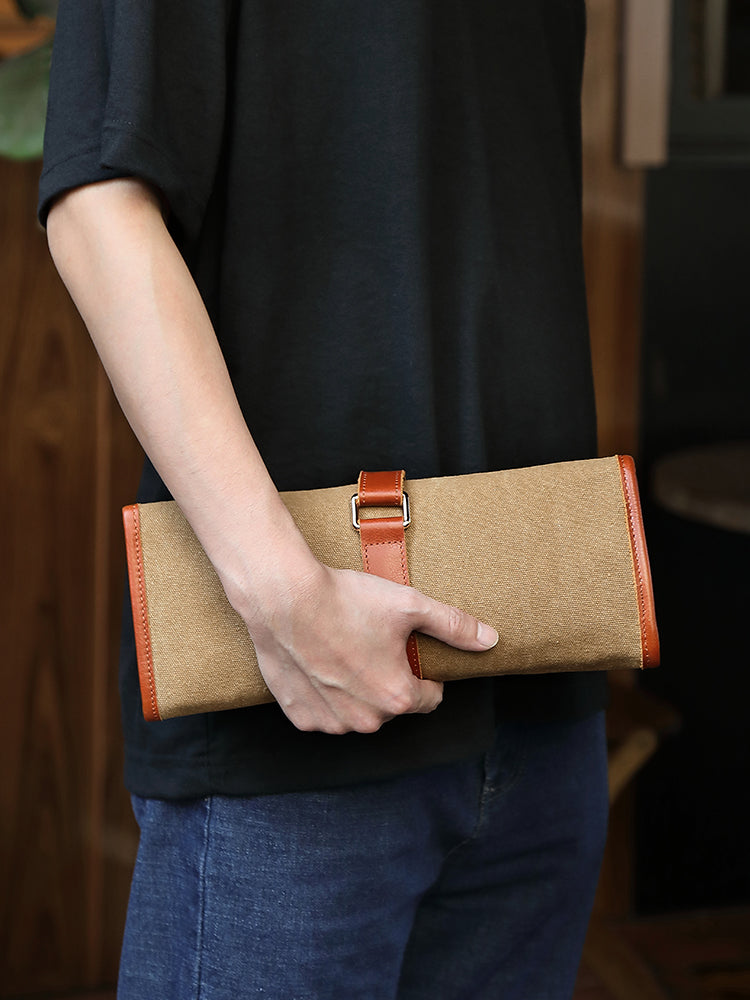 HEZHEN Professional Chef Knife Roll Bag,Microfiber Leather & Thickened Washed Canvas,Durable Kitchen Tool Storage Bag
