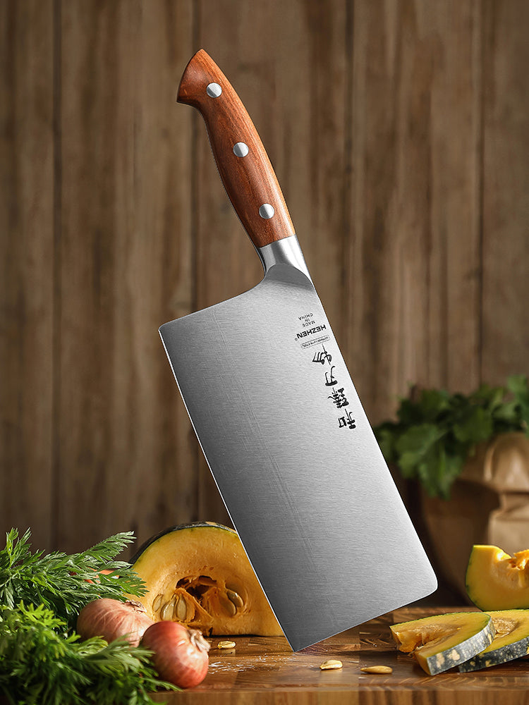 HEZHEN 7 Inches Meat Cleaver Knife, Chinese Chef Knife, German Steel, Red Wood Handle-Supreme Stainless Series