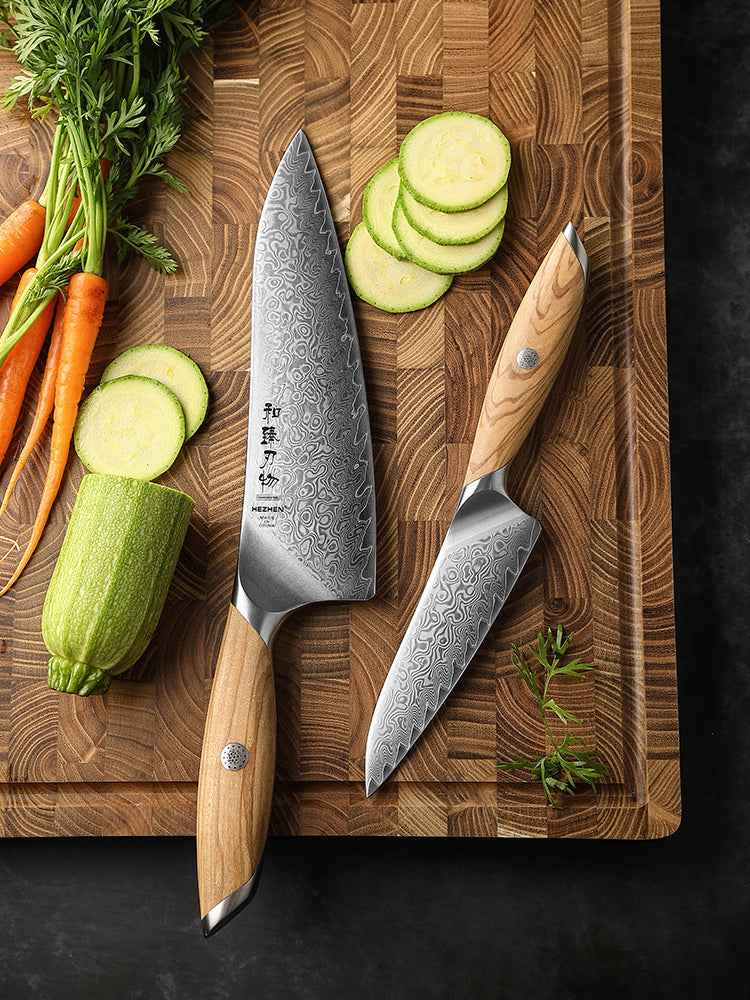 HEZHEN 2-piece Kitchen Knife Set(Chef Knife+Kitchen Utility Knife), 73 Layers Damascus Powder Steel, Olive Wood Handle, Gift Ready-Flagship Series