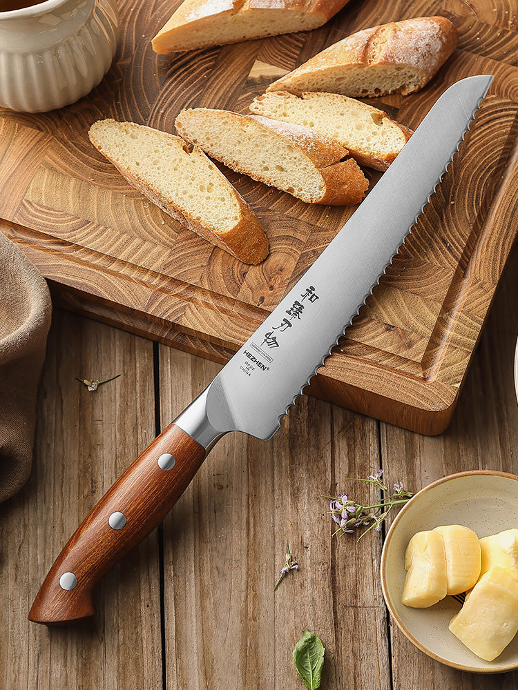 HEZHEN 8.5 Inches Bread Knife, German Steel, Red Wood Handle-Supreme Stainless Series