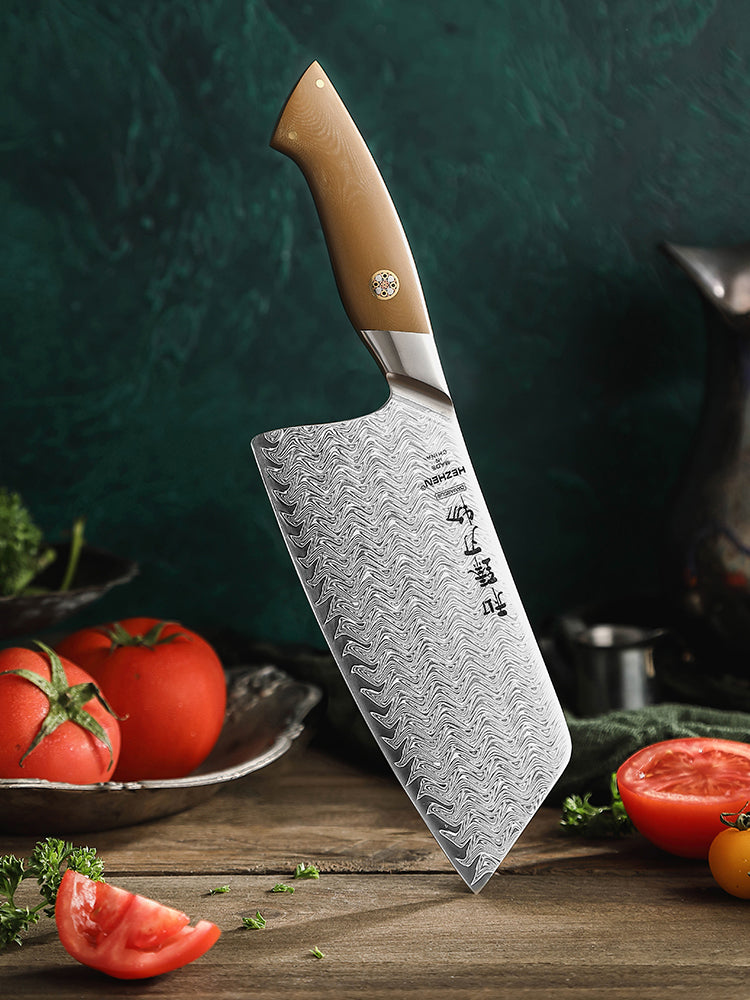 HEZHEN 7.2 Inches Chinese Meat Cleaver Knife, 67 Layers Damascus Steel with Linen Micarta Handle, Gift Box Package- B38L Series