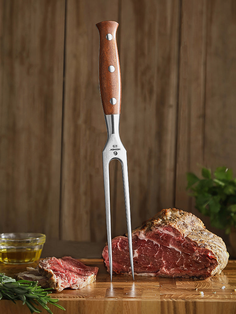 HEZHEN Carving Fork, Premium 430 Stainless Steel Meat Fork – Red Wood Handle, Heavy-Duty, Elegant Gift Box-Supreme Stainless Series