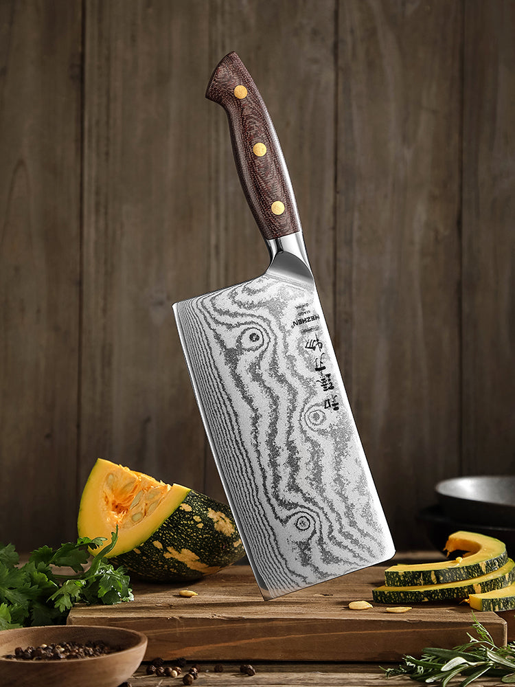 HEZHEN 7 Inches Damascus Meat Cleaver, Chinese Chef Knife for Meat and Vegetable Cutting, Micarta Handle