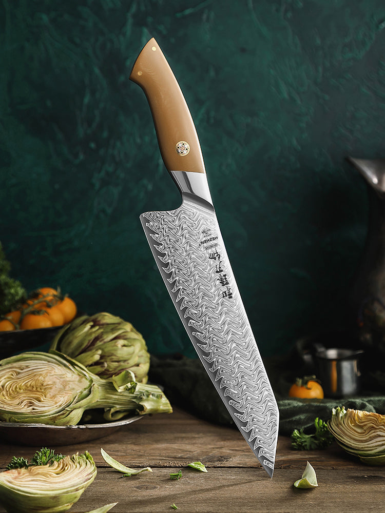 HEZHEN 8.5 Inches Chef Knife, 67 Layers Damascus Steel with Linen Micarta Handle, Gift Box Package- B38L Series