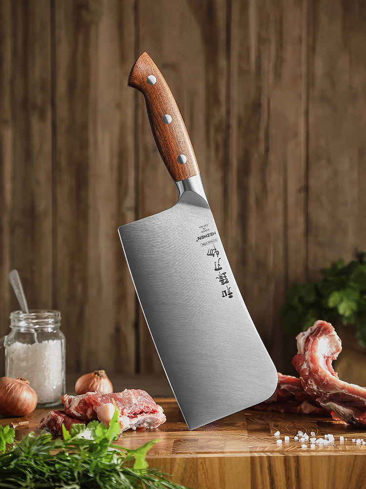HEZHEN 7 Inches Bone Cleaver Knife, Chinese Chopping Knife, Heavy-Duty, Red Wood Handle-Supreme Stainless Series