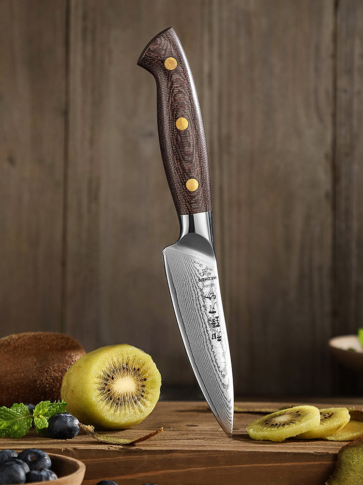 HEZHEN 4.3 Inches Damascus Paring Knife, Multifunctional Petty Knife, , Micarta Handle