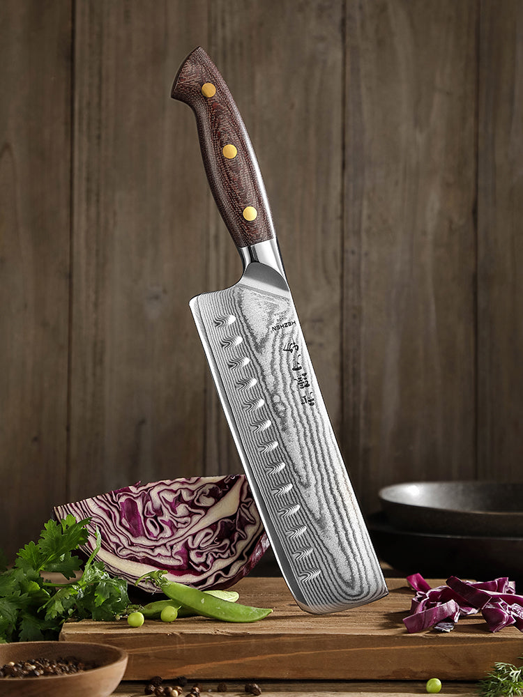 HEZHEN 7.4 Inches Damascus Nakiri Knife, Small Cleaver Knife for Meat and Vegetable Cutting, Micarta Handle