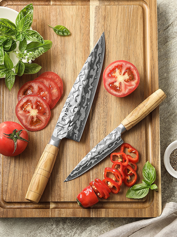 HEZHNE 2PCS Damascus Kitchen Knife Set, 9-Layer Forged 12Cr18MoV Steel Core Ultra Sharp Chef & Utility Knife, 60±2HRC Ergonomic Olive Wood Handle